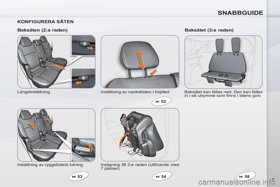 PEUGEOT 4007 2012  Bruksanvisningar (in Swedish) SNABBGUIDE
7
   
KONFIGURERA SÄTEN  
   
Baksäten (2:a raden) 
 
Längdinställning 
  Inställning av ryggstödets lutning 
   
 
� 
 53    Inställning av nackstöden i höjdled 
  Instigning til