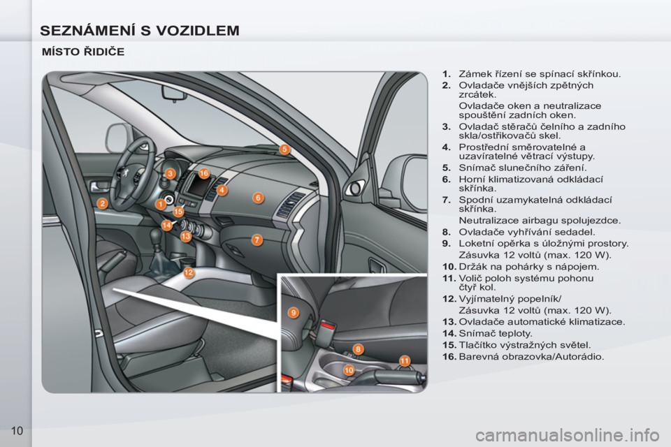 PEUGEOT 4007 2012  Návod na použití (in Czech) SEZNÁMENÍ S VOZIDLEM
10
   
MÍSTO ŘIDIČE 
 
 
 
1. 
 Zámek řízení se spínací skřínkou. 
   
2. 
 Ovladače vnějších zpětných 
zrcátek.  
 Ovladače oken a neutralizace 
spouštění