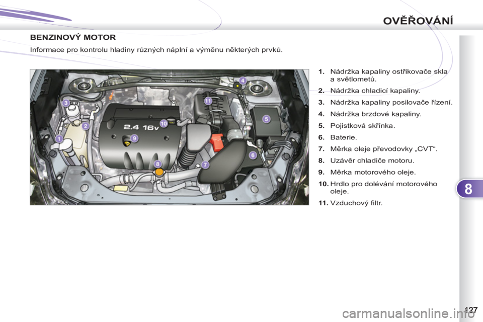 PEUGEOT 4007 2012  Návod na použití (in Czech) 8
OVĚŘOVÁNÍ
BENZINOVÝ MOTOR
 
 
 
1. 
  Nádržka kapaliny ostřikovače skla 
a světlometů. 
   
2. 
  Nádržka chladicí kapaliny. 
   
3. 
  Nádržka kapaliny posilovače řízení. 
   
4