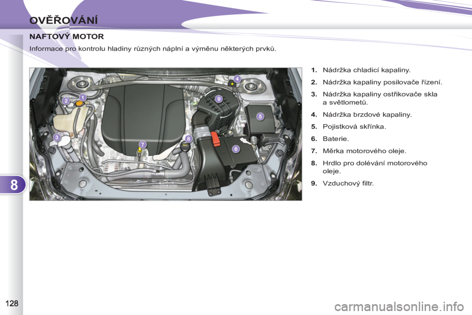 PEUGEOT 4007 2012  Návod na použití (in Czech) 8
OVĚŘOVÁNÍ
FTOVÝ MOTOR NAFTOVÝ 
 
Informace pro kontrolu hladiny různých náplní a výměnu některých prvků. 
   
 
1. 
  Nádržka chladicí kapaliny. 
   
2. 
  Nádržka kapaliny posil