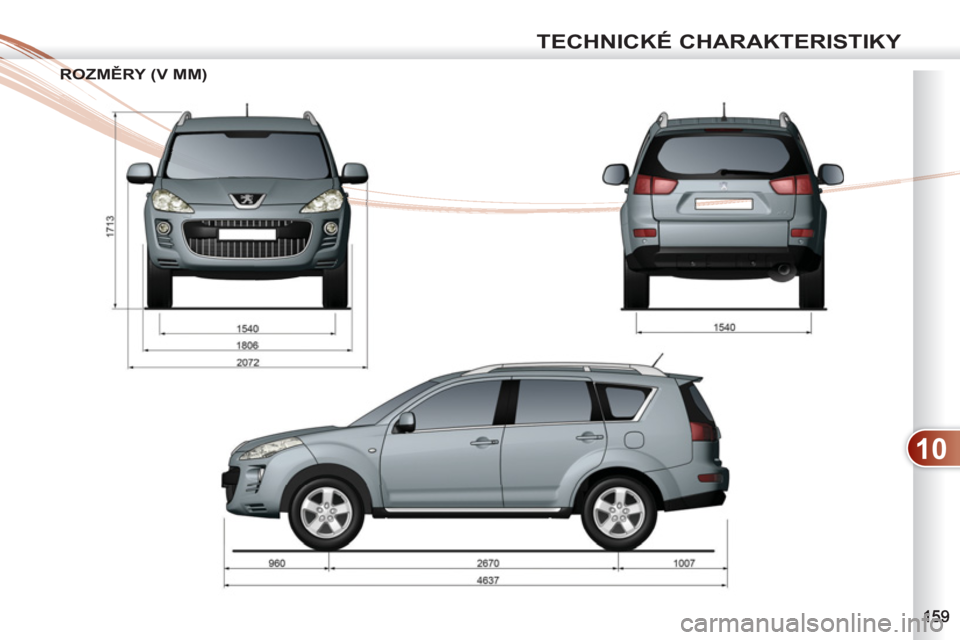 PEUGEOT 4007 2012 Návod na použití (in Czech) 10
TECHNICKÉ CHARAKTERISTIKY
ROZMĚRY (V MM) ROZ PEUGEOT 4007 2012 Návod na použití (in Czech) 10
TECHNICKÉ CHARAKTERISTIKY
ROZMĚRY (V MM) ROZ