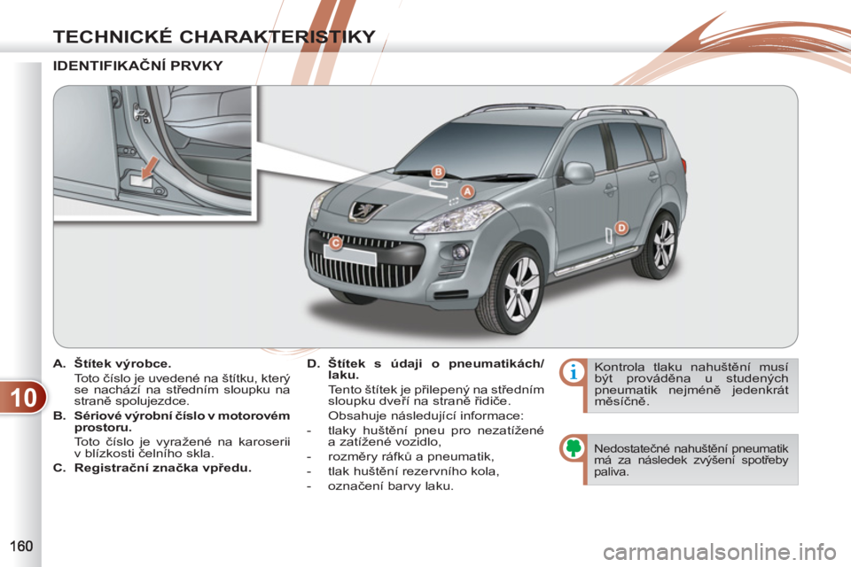 PEUGEOT 4007 2012  Návod na použití (in Czech) 10
TECHNICKÉ CHARAKTERISTIKY
   
 
 
A. 
  Štítek výrobce. 
 
 
 Toto číslo je uvedené na štítku, který 
se nachází na středním sloupku na 
straně spolujezdce. 
   
B. 
  Sériové výr