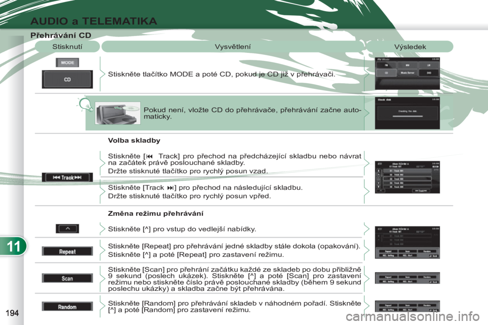 PEUGEOT 4007 2012  Návod na použití (in Czech) 11
AUDIO a TELEMATIKA
   
 
 
 
 
 
 
 
 
 
 
 
 
 
 
 
 
 
Přehrávání CD 
 
Stiskněte tlačítko MODE a poté CD, pokud je CD již v přehrávači.    Stisknutí  Vysvětlení 
  Výsledek 
  Po