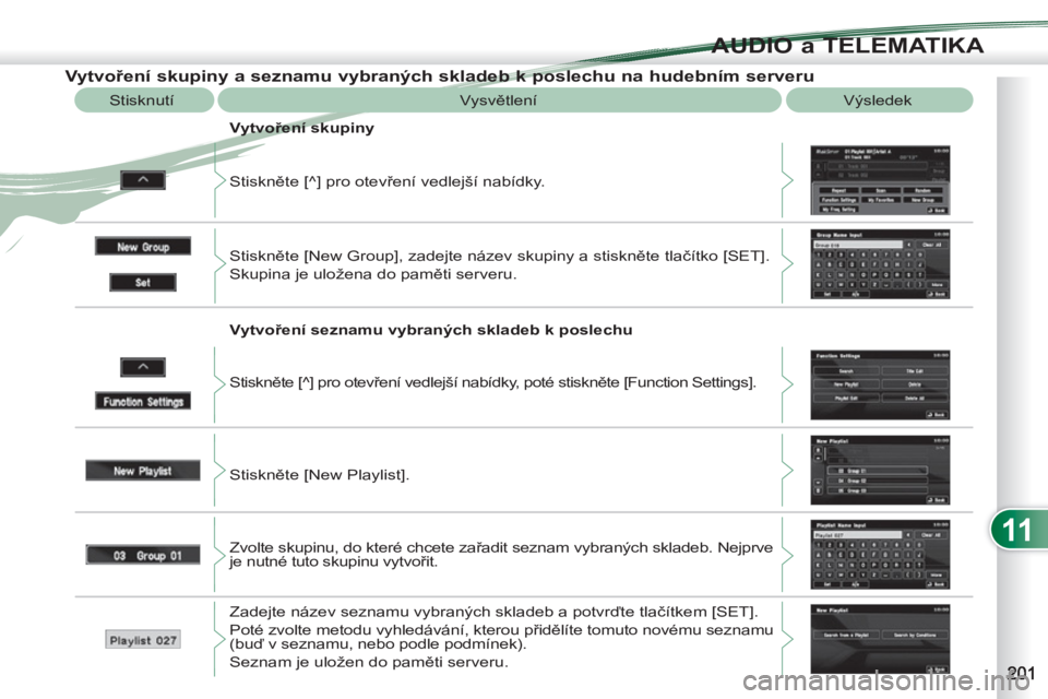 PEUGEOT 4007 2012  Návod na použití (in Czech) 11
AUDIO a TELEMATIKA
   
 
 
 
 
 
 
 
 
 
 
 
Vytvoření skupiny a seznamu vybraných skladeb k poslechu na hudebním serveru 
 
Vysvětlení  Výsledek 
  Stiskněte [^] pro otevření vedlejší 