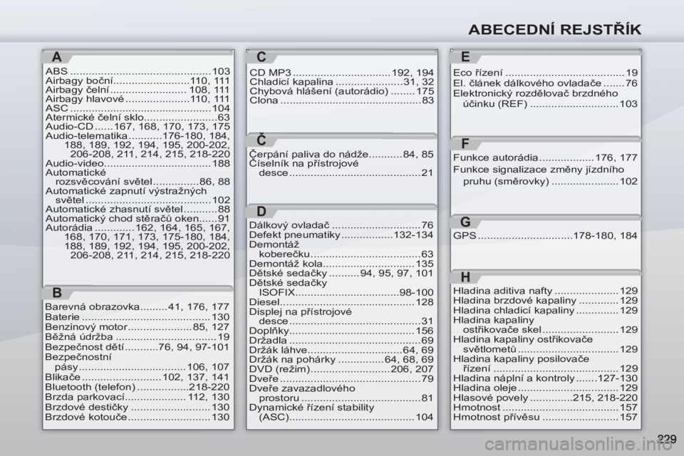 PEUGEOT 4007 2012 Návod na použití (in Czech) ABECEDNÍ REJSTŘÍK
A
ABS .............................................. 103
Airbagy boční.........................110, 111
Airbagy čelní ......................... 108, 111
Airbagy hlavové .... PEUGEOT 4007 2012 Návod na použití (in Czech) ABECEDNÍ REJSTŘÍK
A
ABS .............................................. 103
Airbagy boční.........................110, 111
Airbagy čelní ......................... 108, 111
Airbagy hlavové ....