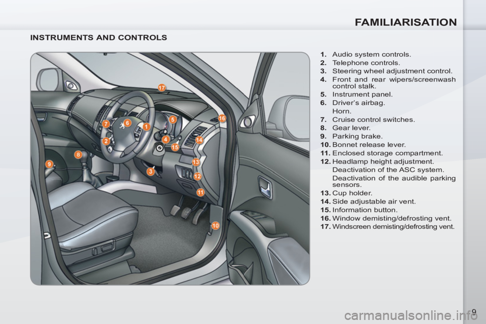 PEUGEOT 4007 2011.5  Owners Manual FAMILIARISATION
9
   
INSTRUMENTS AND CONTROLS 
 
 
 
1. 
  Audio system controls. 
   
2. 
 Telephone controls. 
   
3. 
  Steering wheel adjustment control. 
   
4. 
  Front and rear wipers/screenwa