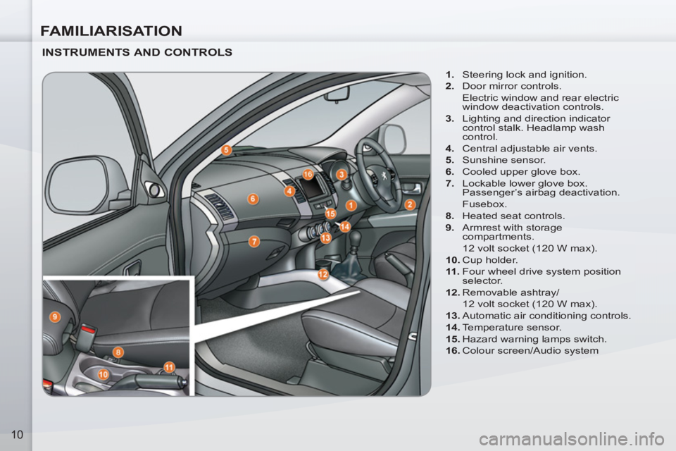 PEUGEOT 4007 2011.5 User Guide FAMILIARISATION
10
   
INSTRUMENTS AND CONTROLS 
 
 
 
1. 
  Steering lock and ignition. 
   
2. 
  Door mirror controls.  
  Electric window and rear electric 
window deactivation controls. 
   
3. 
