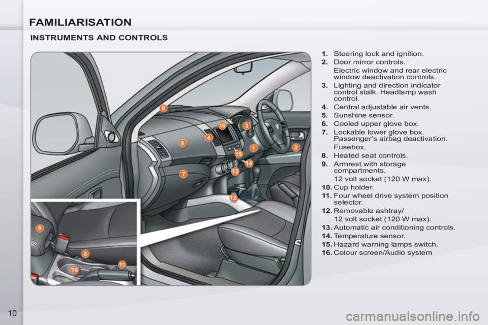 PEUGEOT 4007 2011.5  Owners Manual FAMILIARISATION
10
   
INSTRUMENTS AND CONTROLS 
 
 
 
1. 
  Steering lock and ignition. 
   
2. 
  Door mirror controls.  
  Electric window and rear electric 
window deactivation controls. 
   
3. 
