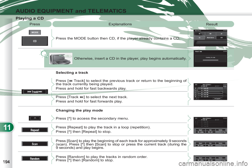 PEUGEOT 4007 2011.5  Owners Manual 11
AUDIO EQUIPMENT and TELEMATICS
   
 
 
 
 
 
 
 
 
 
 
 
 
 
 
 
 
 
Playing a CD 
 
Press the MODE button then CD, if the player already contains a CD.    Press  Explanations 
  Result 
  Otherwis