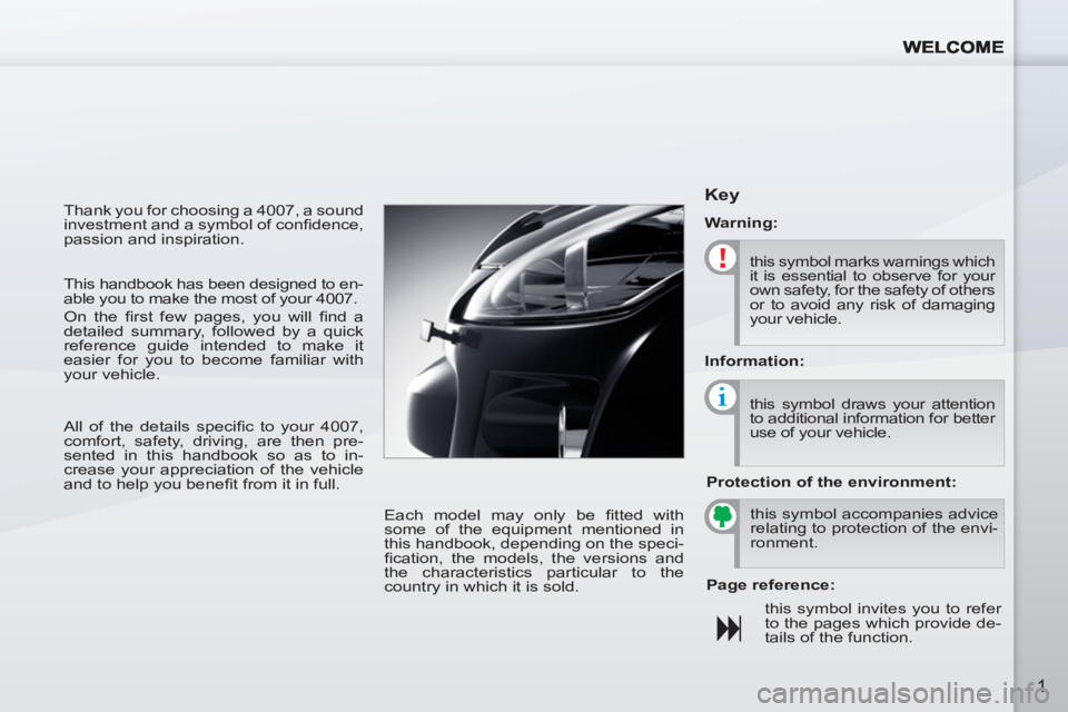 PEUGEOT 4007 2011.5  Owners Manual 1
  Thank you for choosing a 4007, a sound 
investment and a symbol of conﬁ dence, 
passion and inspiration. 
  Each model may only be ﬁ tted  with 
some of the equipment mentioned in 
this handbo