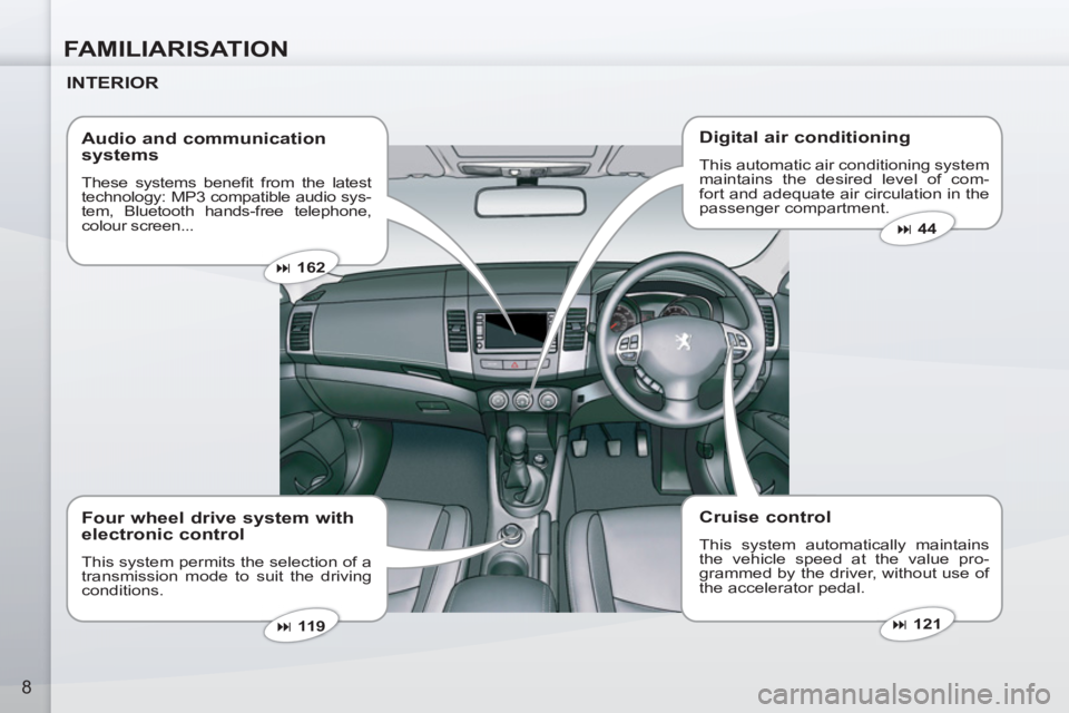 PEUGEOT 4007 2011.5  Owners Manual FAMILIARISATION
8
   
INTERIOR  
   
Digital air conditioning 
 
This automatic air conditioning system 
maintains the desired level of com-
fort and adequate air circulation in the 
passenger compart