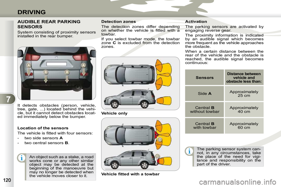 PEUGEOT 4007 2010.5  Owners Manual 7
DRIVING
     AUDIBLE REAR PARKING 
SENSORS 
 It  detects  obstacles  (person,  vehicle,  
tree,  gate,  ...)  located  behind  the  vehi-
cle, but it cannot detect obstacles locat-
ed immediately be