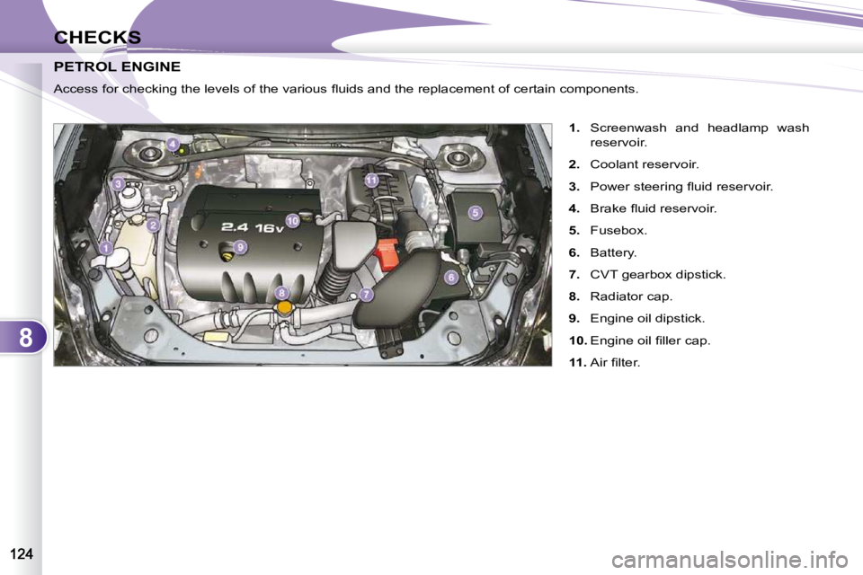 PEUGEOT 4007 2010.5  Owners Manual 8
CHECKS
PETROL ENGINE PETROL ENGINE 
   
1.    Screenwash  and  headlamp  wash 
reservoir. 
  
2.    Coolant reservoir. 
  
3. � �  �P�o�w�e�r� �s�t�e�e�r�i�n�g� �ﬂ� �u�i�d� �r�e�s�e�r�v�o�i�r�.� 
