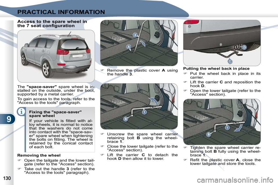 PEUGEOT 4007 2010.5  Owners Manual 9
PRACTICAL INFORMATION
  Fixing the "space-saver"  
spare wheel  
� �I�f�  �y�o�u�r�  �v�e�h�i�c�l�e�  �i�s�  �ﬁ� �t�t�e�d�  �w�i�t�h�  �a�l�- 
loy wheels, it is normal to notice 
that  the  washer