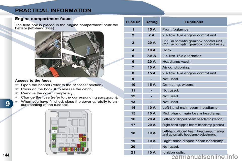 PEUGEOT 4007 2010.5  Owners Manual 9
PRACTICAL INFORMATION
  Engine compartment fuses  
� �T�h�e� �f�u�s�e� �b�o�x� �i�s� �p�l�a�c�e�d� �i�n� �t�h�e� �e�n�g�i�n�e� �c�o�m�p�a�r�t�m�e�n�t� �n�e�a�r� �t�h�e�  
battery (left-hand side).  