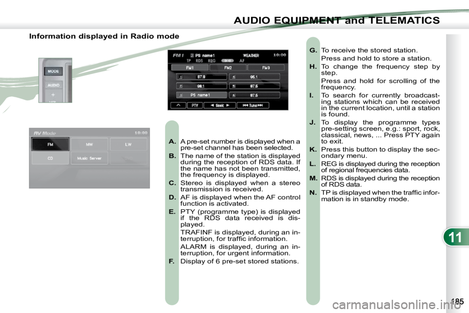 PEUGEOT 4007 2010.5  Owners Manual 11
AUDIO EQUIPMENT and TELEMATICS
                Information displayed in Radio mode    
A.    A pre-set number is displayed when a 
pre-set channel has been selected. 
  
B.    The name of the stati