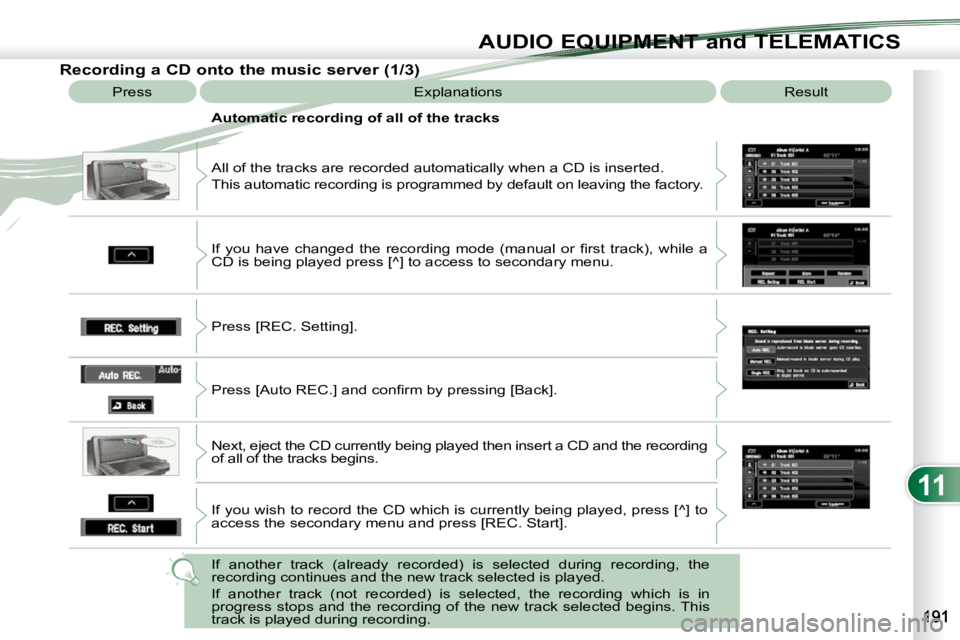 PEUGEOT 4007 2010.5  Owners Manual 11
AUDIO EQUIPMENT and TELEMATICS
                   Recording a CD onto the music server (1/3) 
 Press   Explanations   Result 
 All of the tracks are recorded automatically when a CD is inserte d. 
