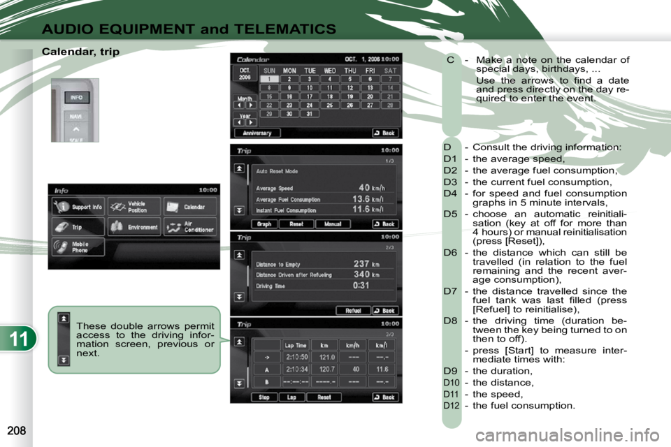 PEUGEOT 4007 2010.5 Owners Manual 11
AUDIO EQUIPMENT and TELEMATICS
Calendar, trip These double arrows permit
access to the driving infor-
mation screen, previous or
next. D - Consult the driving information:
D PEUGEOT 4007 2010.5 Owners Manual 11
AUDIO EQUIPMENT and TELEMATICS
Calendar, trip These double arrows permit
access to the driving infor-
mation screen, previous or
next. D - Consult the driving information:
D