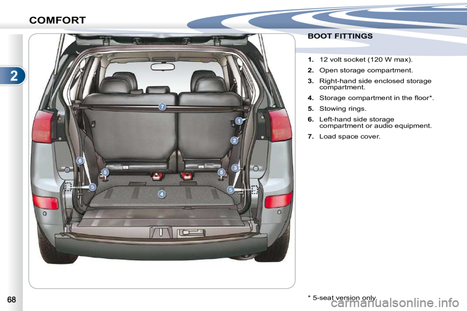 PEUGEOT 4007 2010.5 Workshop Manual 2
COMFORT
             BOOT FITTINGS              BOOT FITTINGS 
    
1. � �  �1�2� �v�o�l�t� �s�o�c�k�e�t� �(�1�2�0� �W� �m�a�x�)�.� 
  
2. � �  �O�p�e�n� �s�t�o�r�a�g�e� �c�o�m�p�a�r�t�m�e�n�t�.� 
 