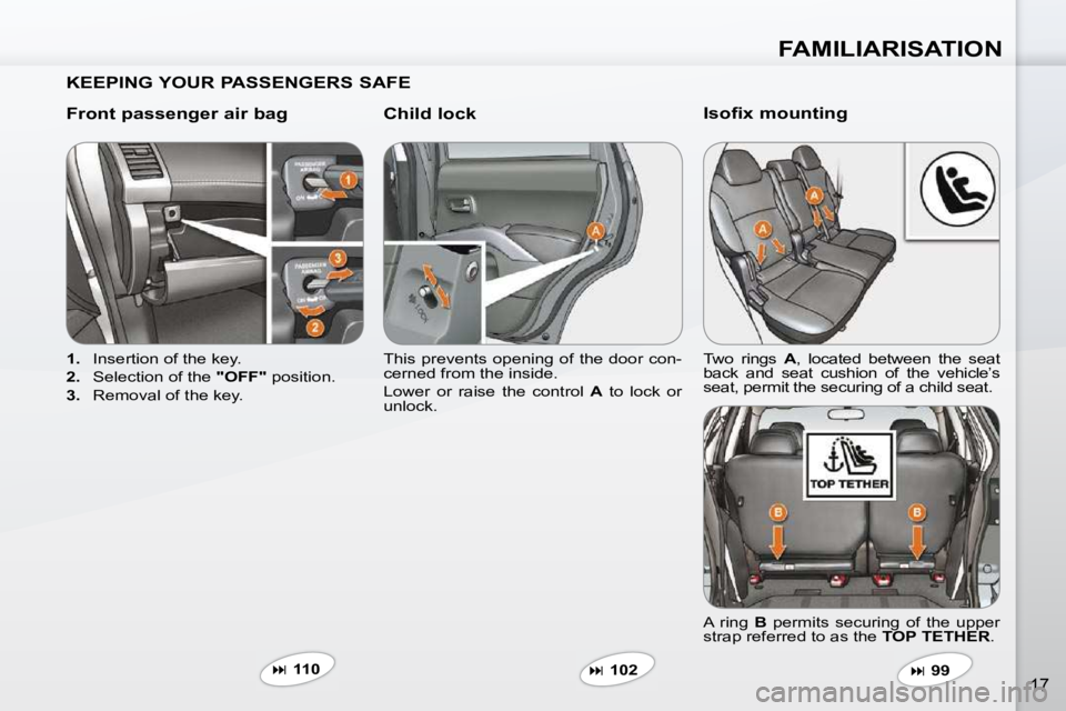 PEUGEOT 4007 2009.5. User Guide FAMILIARISATION
17
  KEEPING YOUR PASSENGERS SAFE   
  Front passenger air bag    Child lock  
   
1.    Insertion of the key. 
  
2.    Selection of the   "OFF"  position. 
  
3.    Removal of the ke