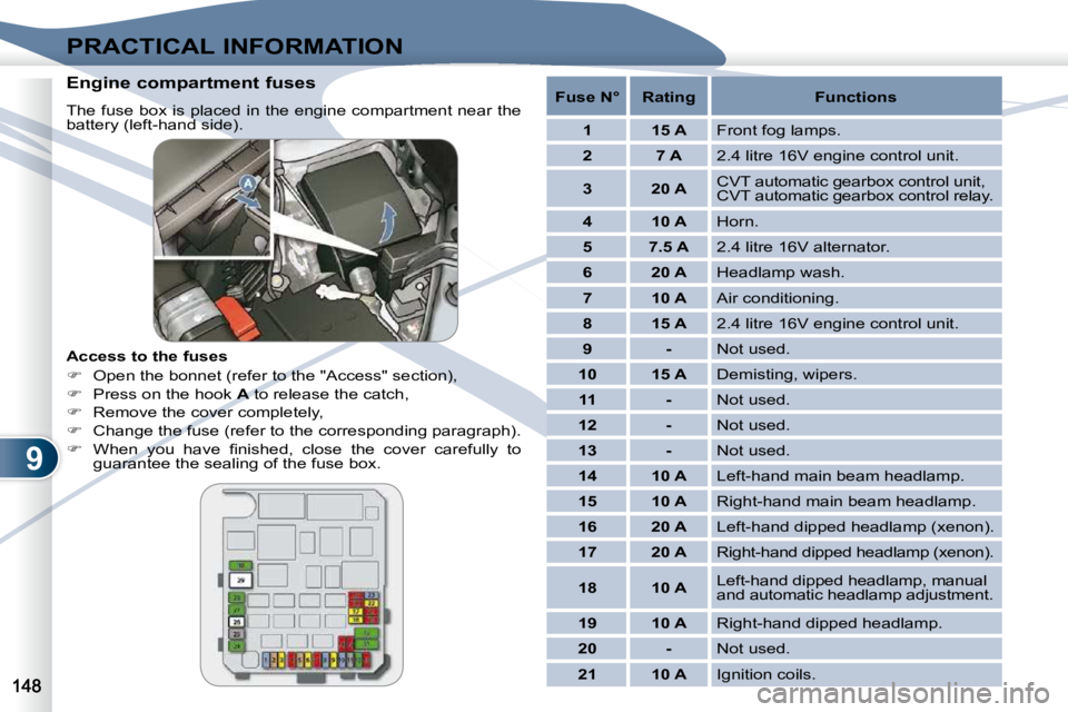 PEUGEOT 4007 2009.5.  Owners Manual 9
PRACTICAL INFORMATION
  Engine compartment fuses  
� �T�h�e� �f�u�s�e� �b�o�x� �i�s� �p�l�a�c�e�d� �i�n� �t�h�e� �e�n�g�i�n�e� �c�o�m�p�a�r�t�m�e�n�t� �n�e�a�r� �t�h�e�  
battery (left-hand side).  