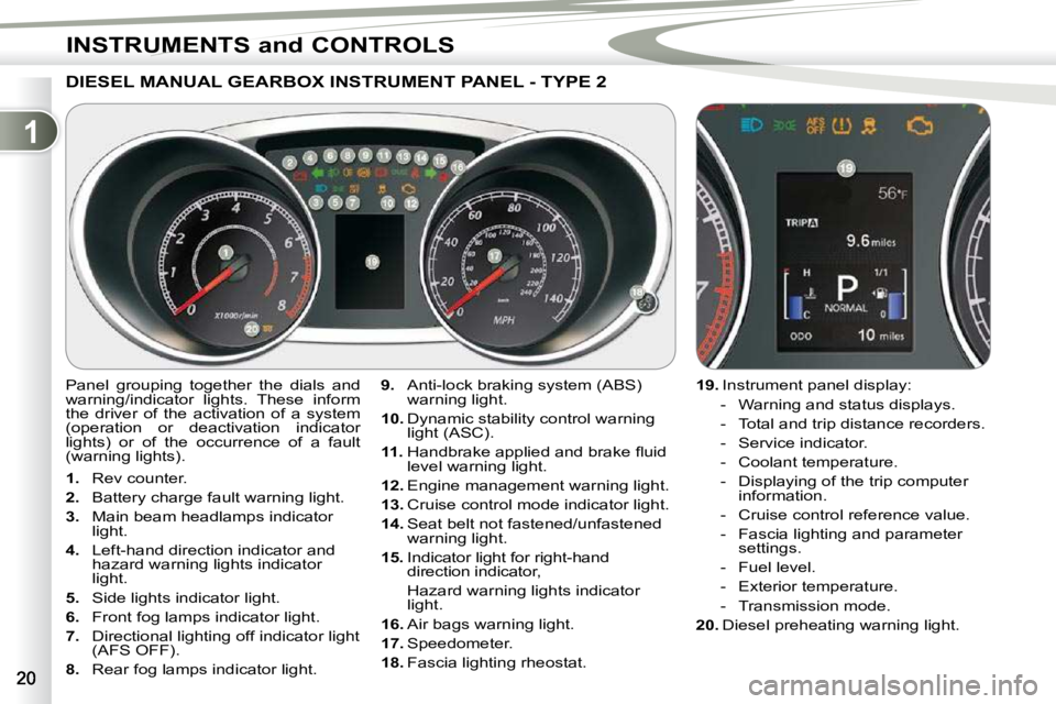 PEUGEOT 4007 2009.5.  Owners Manual 1
INSTRUMENTS and CONTROLS
DIESEL MANUAL GEARBOX INSTRUMENT PANEL - TYPE 2 
  
9.    Anti-lock braking system (ABS) 
warning light. 
  
10.   Dynamic stability control warning 
light (ASC). 
  
11. � 