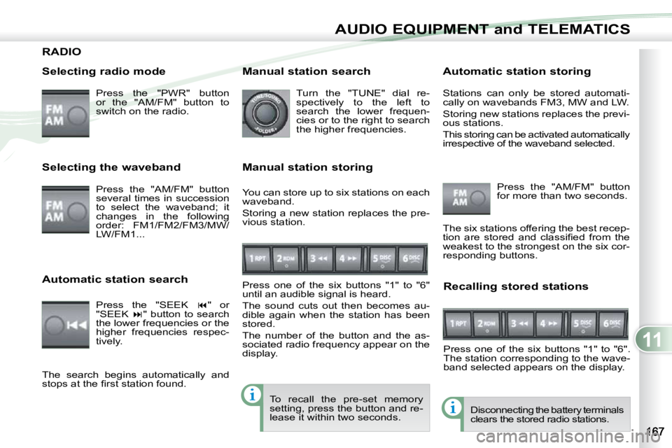 PEUGEOT 4007 2009.5.  Owners Manual 11
AUDIO EQUIPMENT and TELEMATICS
RADIO 
  Selecting radio mode  Press  the  "PWR"  button  
or  the  "AM/FM"  button  to 
switch on the radio.  
 Disconnecting the battery terminals 
