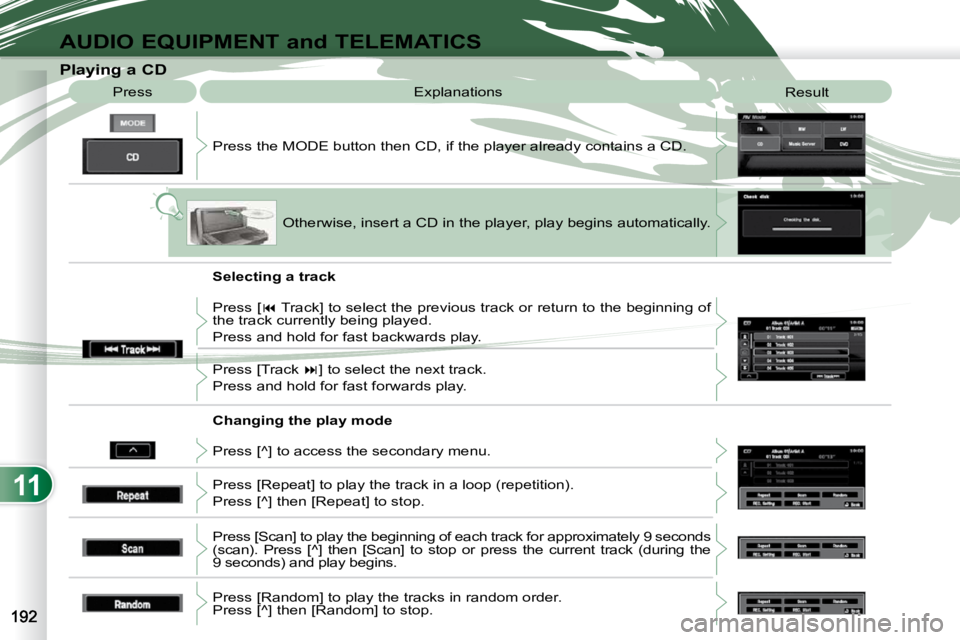 PEUGEOT 4007 2009.5. Owners Manual 11
AUDIO EQUIPMENT and TELEMATICS
Playing a CD Press the MODE button then CD, if the player already contains a CD.
Press
Explanations
Result
Otherwise, insert a CD in the PEUGEOT 4007 2009.5. Owners Manual 11
AUDIO EQUIPMENT and TELEMATICS
Playing a CD Press the MODE button then CD, if the player already contains a CD.
Press
Explanations
Result
Otherwise, insert a CD in the