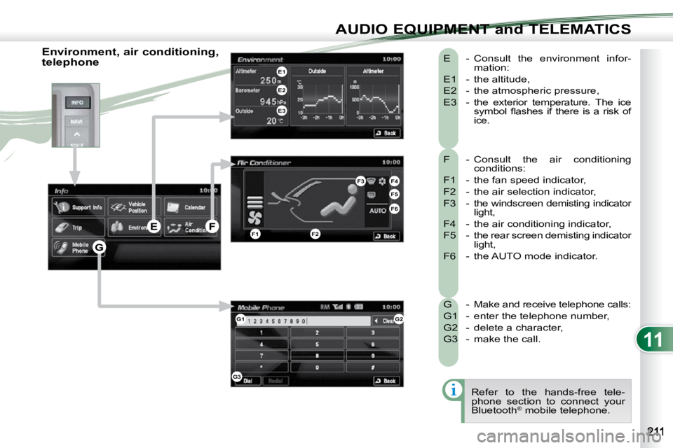 PEUGEOT 4007 2009.5. Owners Manual 11
AUDIO EQUIPMENT and TELEMATICS
F - Consult the air conditioning conditions:
F1 - the fan speed indicator,
F2 - the air selection indicator,
F3 - the windscreen demisting indi PEUGEOT 4007 2009.5. Owners Manual 11
AUDIO EQUIPMENT and TELEMATICS
F - Consult the air conditioning conditions:
F1 - the fan speed indicator,
F2 - the air selection indicator,
F3 - the windscreen demisting indi