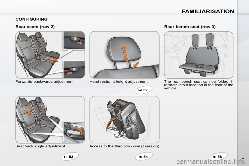 PEUGEOT 4007 2009.5.  Owners Manual FAMILIARISATION
7
  CONFIGURING   
  Rear seats (row 2)  
 Forwards-backwards adjustment  
 Seat back angle adjustment    
�   53    Head restraint height adjustment 
 Access to the third row (7-se