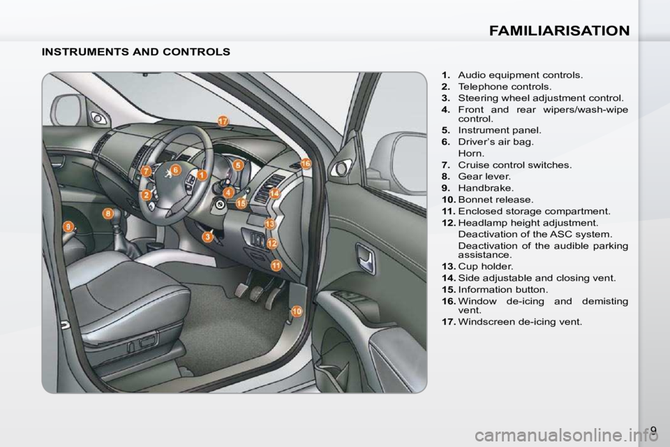 PEUGEOT 4007 2009.5.  Owners Manual FAMILIARISATION
9
  INSTRUMENTS AND CONTROLS    
1.    Audio equipment controls. 
  
2.    Telephone controls. 
  
3.    Steering wheel adjustment control. 
  
4.    Front  and  rear  wipers/wash-wipe