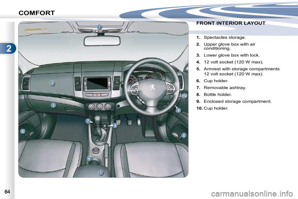 PEUGEOT 4007 2009.5. Repair Manual 2
COMFORT
FRONT INTERIOR LAYOUT FRONT INTERIOR LAYOUT 
    
1. � �  �S�p�e�c�t�a�c�l�e�s� �s�t�o�r�a�g�e�.� 
  
2. � �  �U�p�p�e�r� �g�l�o�v�e� �b�o�x� �w�i�t�h� �a�i�r� 
�c�o�n�d�i�t�i�o�n�i�n�g�.� 
