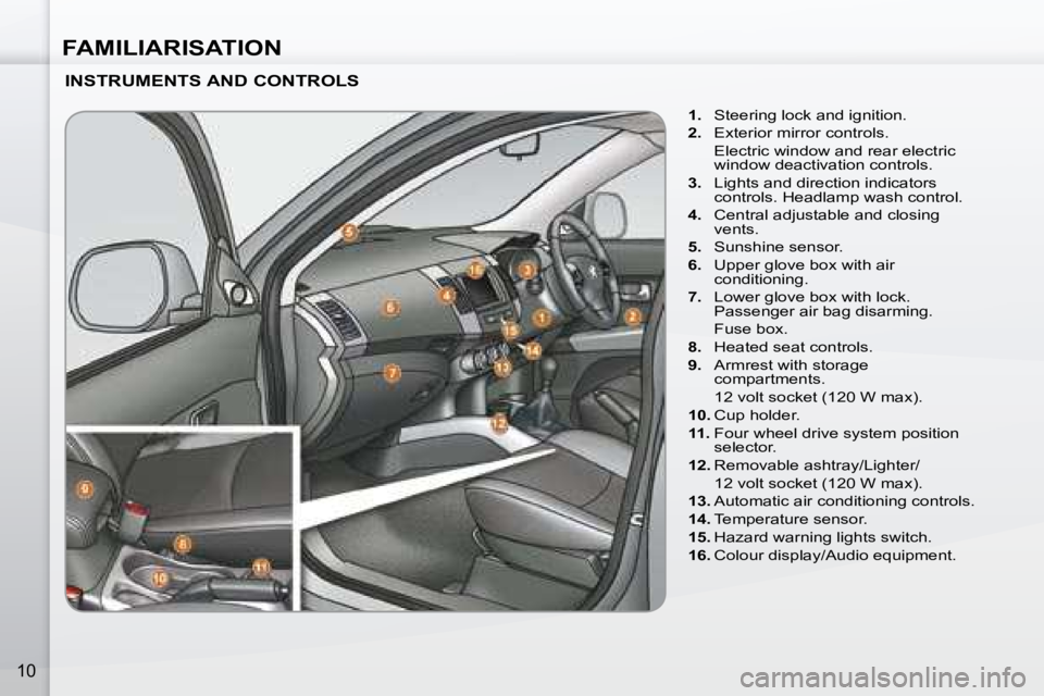 PEUGEOT 4007 2007.5  Owners Manual FAMILIARISATION
10
  INSTRUMENTS AND CONTROLS    
1.    Steering lock and ignition. 
  
2. � �  �E�x�t�e�r�i�o�r� �m�i�r�r�o�r� �c�o�n�t�r�o�l�s�.� � 
�  �E�l�e�c�t�r�i�c� �w�i�n�d�o�w� �a�n�d� �r�e�a