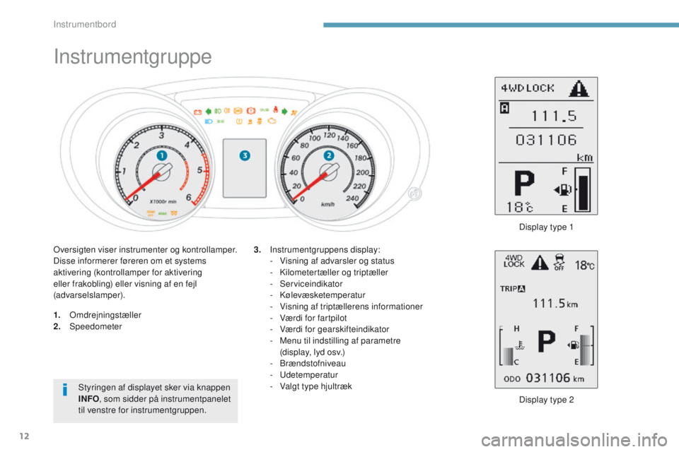 PEUGEOT 4008 2015 Brugsanvisning (in Danish) 12
Instrumentgruppe
1. omdrejningstæller
2. Speedometer
Display type 2
3.
I
nstrumentgruppens display:
-
V
isning af advarsler og status
-
K
ilometertæller og triptæller
-
Serviceindikato PEUGEOT 4008 2015 Brugsanvisning (in Danish) 12
Instrumentgruppe
1. omdrejningstæller
2. Speedometer
Display type 2
3.
I
nstrumentgruppens display:
-
V
isning af advarsler og status
-
K
ilometertæller og triptæller
-
Serviceindikato