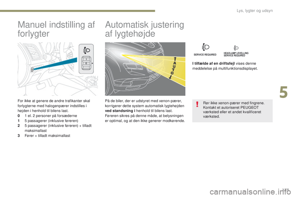 PEUGEOT 4008 2015  Brugsanvisning (in Danish) 133
4008_da_Chap05_Eclairage-et-visibilite_ed01-2016
For ikke at genere de andre trafikanter skal 
forlygterne med halogenpærer indstilles i 
højden i henhold til bilens last.
0 
1
   el. 2   person