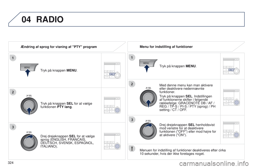PEUGEOT 4008 2015  Brugsanvisning (in Danish) 04
324
4008_da_Chap10d_Mitsu4_ed01-2016
RADIO
Ændring af sprog for visning af "PTY" programMenu for indstilling af funktioner
Med denne menu kan man aktivere 
eller deaktivere nedennævnte 
f