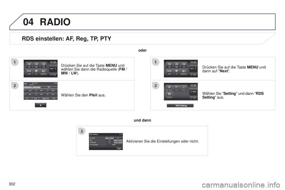 PEUGEOT 4008 2015  Betriebsanleitungen (in German) 04
302
RDS einstellen: AF, Reg, TP, PTY
Wählen Sie den Pfeil aus. Wählen Sie "Setting" und dann "RDS 
Setting" aus. Drücken Sie auf die 
taste 
 MENU und 
dann auf "Next".
R