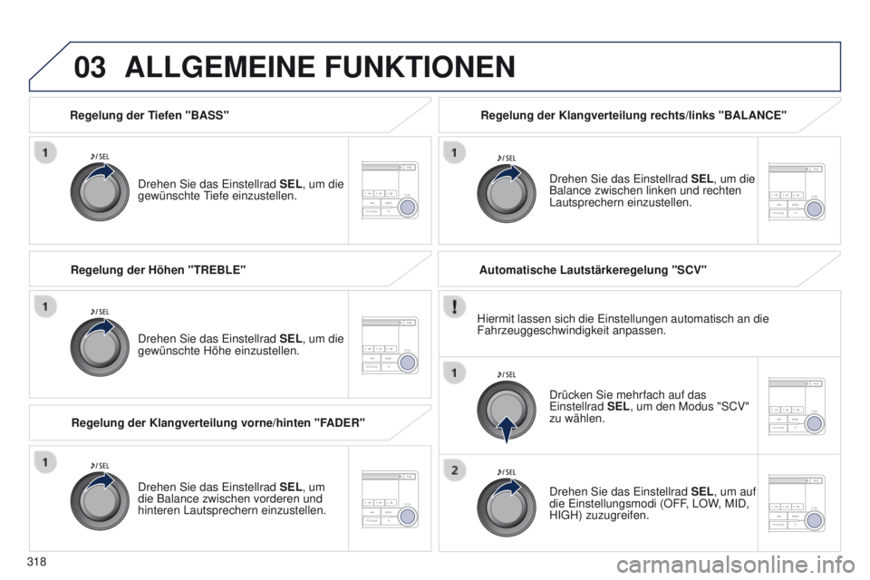 PEUGEOT 4008 2015 Betriebsanleitungen (in German) 03
318
4008_de_Chap10d_Mitsu4_ed01-2016
Regelung der Tiefen "BASS"Drehen Sie das e instellrad SEL, um die
gewünschte
tiefe
einzustellen.
ALLGEMEINE FUNKTIONEN
Drehen Sie das einstellrad PEUGEOT 4008 2015 Betriebsanleitungen (in German) 03
318
4008_de_Chap10d_Mitsu4_ed01-2016
Regelung der Tiefen "BASS"Drehen Sie das e instellrad SEL, um die
gewünschte
tiefe
einzustellen.
ALLGEMEINE FUNKTIONEN
Drehen Sie das einstellrad