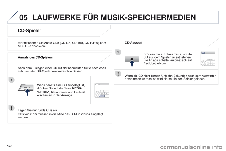 PEUGEOT 4008 2015 Betriebsanleitungen (in German) 05
326
4008_de_Chap10d_Mitsu4_ed01-2016
LAUFWERKE FÜR MUSIK-SPEICHERMEDIEN
Hiermit können Sie Audio-CDs (CD-DA, CD-text, CD-R/RW) oder
MP3-CDs abspielen. CD-Auswurf
CD-Spieler
Anwahl des CD-Spiele PEUGEOT 4008 2015 Betriebsanleitungen (in German) 05
326
4008_de_Chap10d_Mitsu4_ed01-2016
LAUFWERKE FÜR MUSIK-SPEICHERMEDIEN
Hiermit können Sie Audio-CDs (CD-DA, CD-text, CD-R/RW) oder
MP3-CDs abspielen. CD-Auswurf
CD-Spieler
Anwahl des CD-Spiele