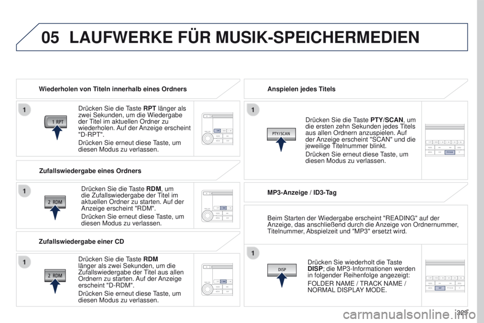 PEUGEOT 4008 2015 Betriebsanleitungen (in German) 05
329
4008_de_Chap10d_Mitsu4_ed01-2016
LAUFWERKE FÜR MUSIK-SPEICHERMEDIEN
Wiederholen von Titeln innerhalb eines OrdnersDrücken Sie die
taste
RPT länger als
zwei Sekunden, um die Wiedergabe
d PEUGEOT 4008 2015 Betriebsanleitungen (in German) 05
329
4008_de_Chap10d_Mitsu4_ed01-2016
LAUFWERKE FÜR MUSIK-SPEICHERMEDIEN
Wiederholen von Titeln innerhalb eines OrdnersDrücken Sie die
taste
RPT länger als
zwei Sekunden, um die Wiedergabe
d