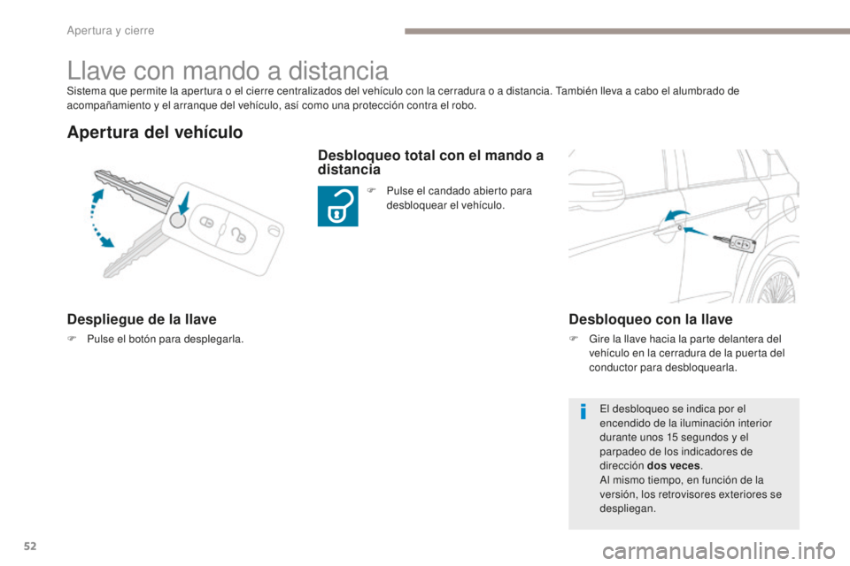 PEUGEOT 4008 2015 Manual del propietario (in Spanish) 52
4008_es_Chap02_ouvertures_ed01-2016
Sistema que permite la apertura o el cierre centralizados del vehículo con la cerradura o a distancia. También lleva a cabo el alumbrado de
acompañamiento y PEUGEOT 4008 2015 Manual del propietario (in Spanish) 52
4008_es_Chap02_ouvertures_ed01-2016
Sistema que permite la apertura o el cierre centralizados del vehículo con la cerradura o a distancia. También lleva a cabo el alumbrado de
acompañamiento y