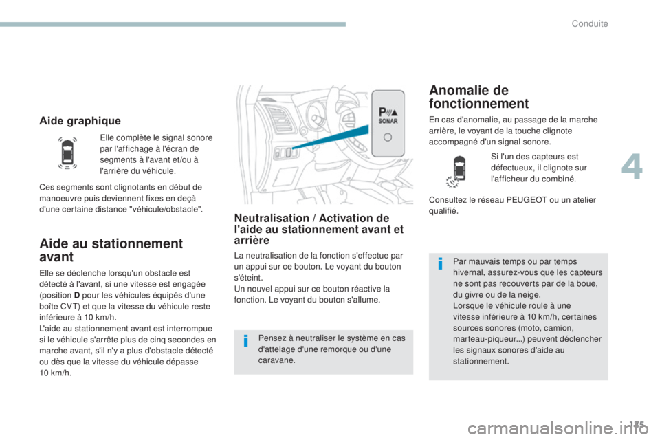 PEUGEOT 4008 2015 Manuel du propriétaire (in French) 125
Aide graphique
Aide au stationnement
avant
Neutralisation / Activation de
l'aide au stationnement avant et
arrière
La neutralisation de la fonction s'effectue par
un appui sur ce bout PEUGEOT 4008 2015 Manuel du propriétaire (in French) 125
Aide graphique
Aide au stationnement
avant
Neutralisation / Activation de
l'aide au stationnement avant et
arrière
La neutralisation de la fonction s'effectue par
un appui sur ce bout