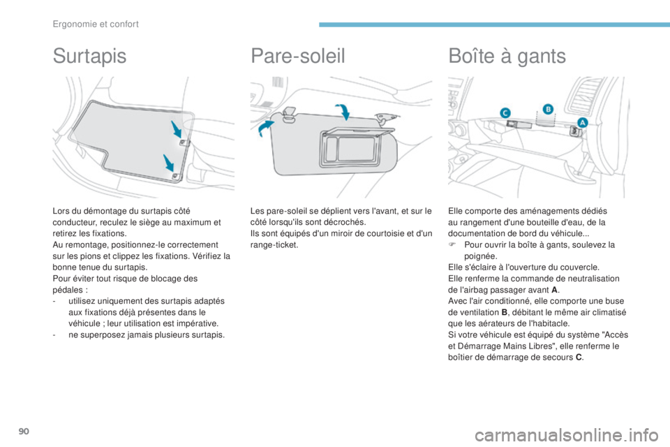 PEUGEOT 4008 2015  Manuel du propriétaire (in French) 90
Surtapis
Lors du démontage du surtapis côté 
conducteur, reculez le siège au maximum et 
retirez les fixations.
Au remontage, positionnez-le correctement 
sur les pions et clippez les fixations