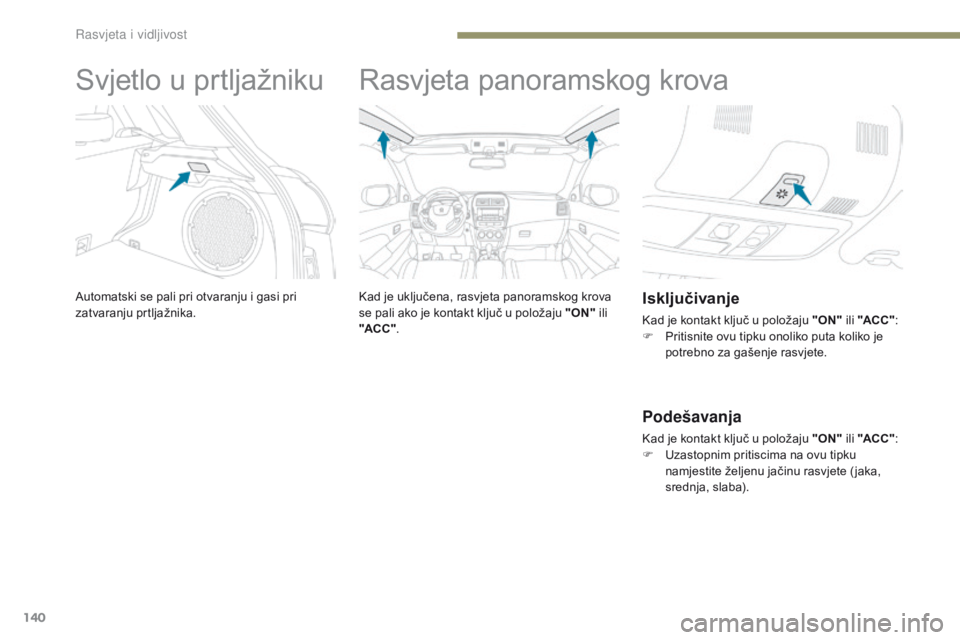 PEUGEOT 4008 2015 Upute Za Rukovanje (in Croatian) 140
4008_hr_Chap05_Eclairage-et-visibilite_ed01-2016
Svjetlo u prtljažniku
Automatski se pali pri otvaranju i gasi pri
zatvaranju prtljažnika.
Rasvjeta panoramskog krova
Kad je uključena, rasvjeta PEUGEOT 4008 2015 Upute Za Rukovanje (in Croatian) 140
4008_hr_Chap05_Eclairage-et-visibilite_ed01-2016
Svjetlo u prtljažniku
Automatski se pali pri otvaranju i gasi pri
zatvaranju prtljažnika.
Rasvjeta panoramskog krova
Kad je uključena, rasvjeta