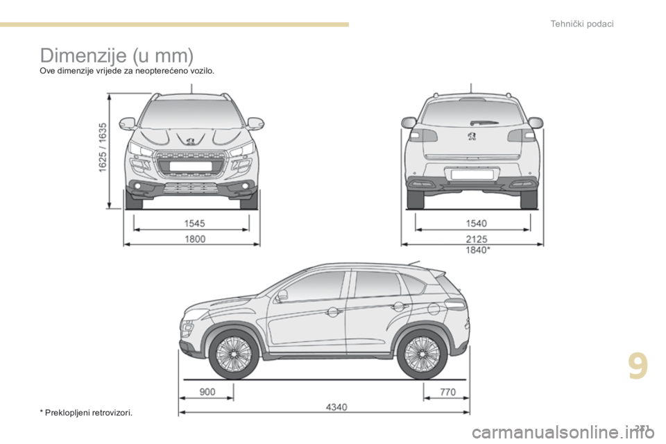 PEUGEOT 4008 2015 Upute Za Rukovanje (in Croatian) 231
4008_hr_Chap09_caracteristiques-techniques_ed01-2016
Dimenzije (u mm)Ove dimenzije vrijede za neopterećeno vozilo.
* Preklopljeni retrovizori.
9
Tehnički podaci PEUGEOT 4008 2015 Upute Za Rukovanje (in Croatian) 231
4008_hr_Chap09_caracteristiques-techniques_ed01-2016
Dimenzije (u mm)Ove dimenzije vrijede za neopterećeno vozilo.
* Preklopljeni retrovizori.
9
Tehnički podaci