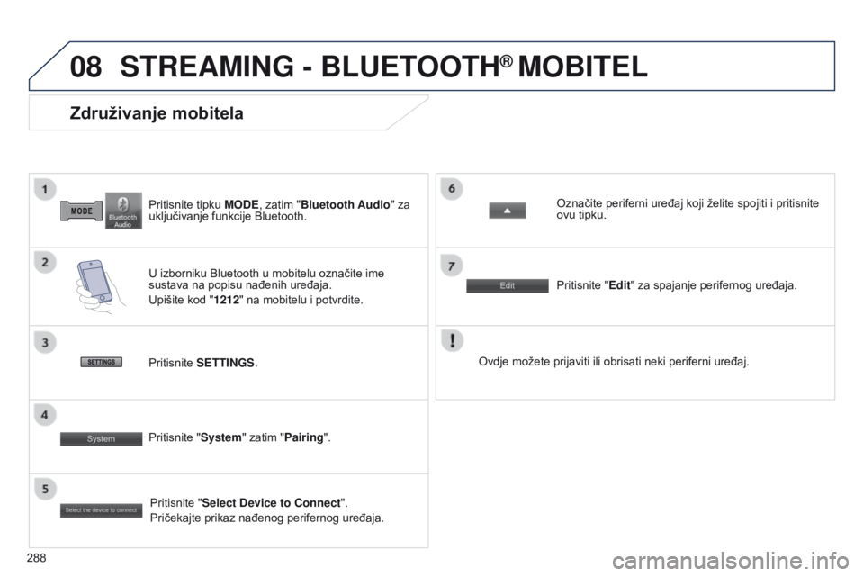 PEUGEOT 4008 2015  Upute Za Rukovanje (in Croatian) 08
288
4008_HR_CHAP10B_MITSU6_ED01-2016
Pritisnite tipku MODE, zatim "Bluetooth Audio" za 
uključivanje funkcije Bluetooth.
Združivanje mobitela
U izborniku Bluetooth u mobitelu označite im