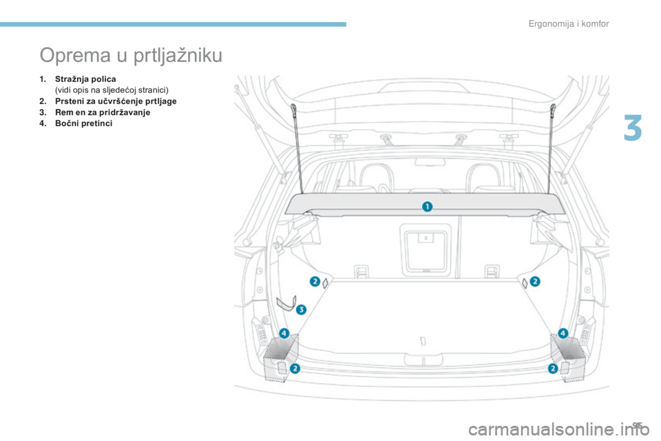 PEUGEOT 4008 2015 Upute Za Rukovanje (in Croatian) 95
4008_hr_Chap03_Ergonomie-et-confort_ed01-2016
Oprema u prtljažniku
1. Stražnja polica (vidi opis na sljedećoj stranici)
2.
P
rsteni za učvršćenje pr tljage
3.
Re
m en za pridržavanje
4. PEUGEOT 4008 2015 Upute Za Rukovanje (in Croatian) 95
4008_hr_Chap03_Ergonomie-et-confort_ed01-2016
Oprema u prtljažniku
1. Stražnja polica (vidi opis na sljedećoj stranici)
2.
P
rsteni za učvršćenje pr tljage
3.
Re
m en za pridržavanje
4.