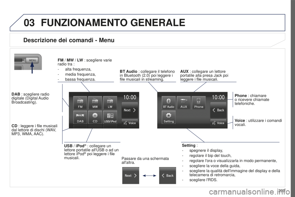 PEUGEOT 4008 2015 Manuale duso (in Italian) 03
293
4008_it_Chap10c_Mitsu5_ed01-2016
FUNZIONAMENTO GENERALE
Descrizione dei comandi - Menu
Setting :
-
spegnere il display
,
-
regolare il bip del touch,
-
regolare l'ora o visualizzarla PEUGEOT 4008 2015 Manuale duso (in Italian) 03
293
4008_it_Chap10c_Mitsu5_ed01-2016
FUNZIONAMENTO GENERALE
Descrizione dei comandi - Menu
Setting :
-
spegnere il display
,
-
regolare il bip del touch,
-
regolare l'ora o visualizzarla