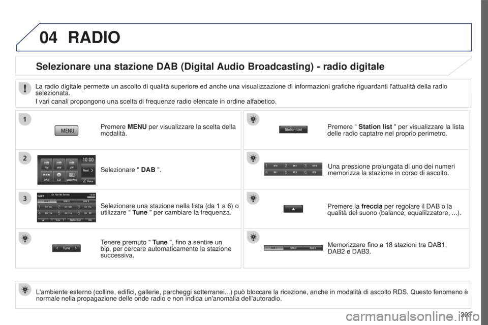 PEUGEOT 4008 2015  Manuale duso (in Italian) 04
303
4008_it_Chap10c_Mitsu5_ed01-2016
RADIO
Selezionare una stazione DAB (Digital Audio Broadcasting) - radio digitale
L'ambiente esterno (colline, edifici, gallerie, parcheggi sotterranei...) p