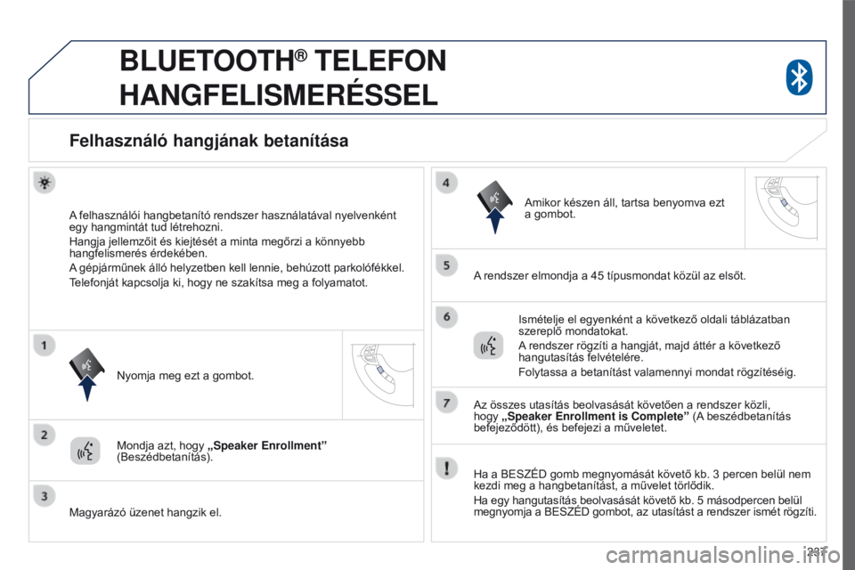 PEUGEOT 4008 2015  Kezelési útmutató (in Hungarian) 237
4008_hu_Chap10a_Mitsu3_ed01-2016
BLUETOOTH® TELEFON  
HANGFELISMERÉSSEL
Felhasználó hangjának betanítása
A felhasználói hangbetanító rendszer használatával nyelvenként 
egy hangmint